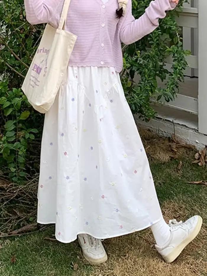 Jupe ample française vintage décontractée fleurie en coton polyester pour femmes soirees officielles printemps été
