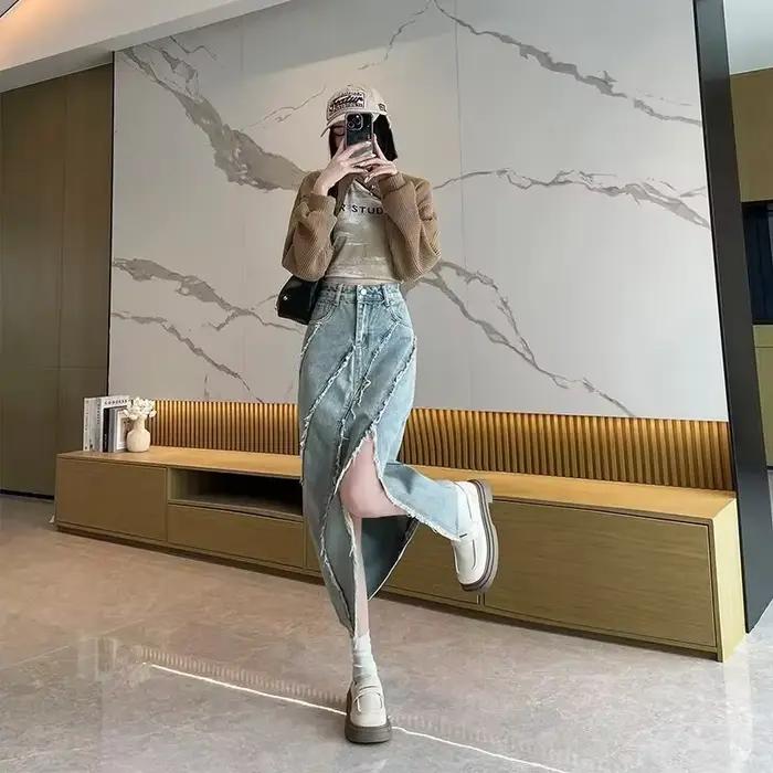 Jupe mi-longue évasée taille haute amincissante avec franges asymétriques pour femme