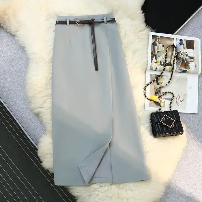 Jupes mi-longues pour femmes vintage, couleur unie, fendue sur le devant, taille haute, polyesters-coton, nouvelles collections printemps été 2024, bureau, ligne a
