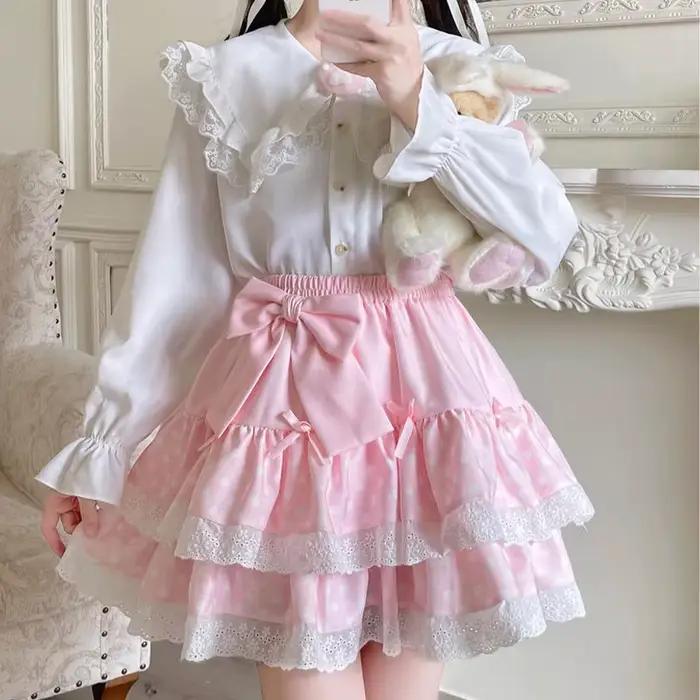 Mini jupe en dentelle à pois Kawaii pour femmes