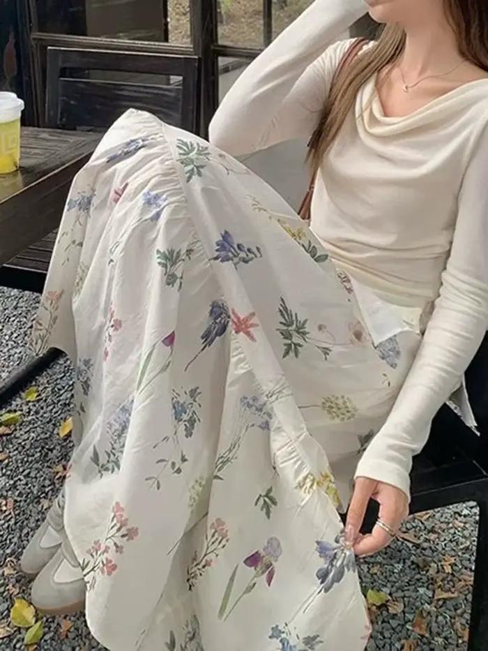 Jupes longues florales femmes douce taille haute mode élégante une ligne jupe décontracté Style Preppy français ample