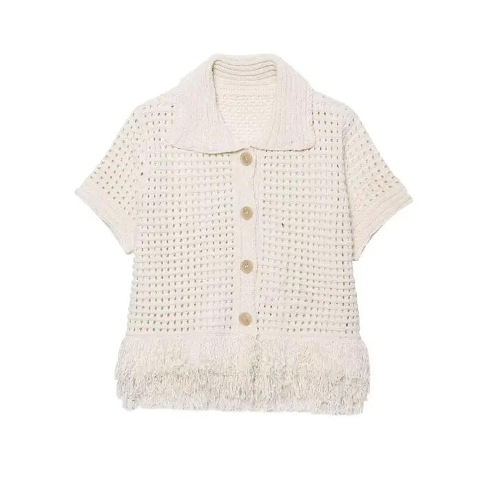 Femmes tricot gland jupe ensembles évider revers demi manches haut + plissé Mini jupes costume 2025 été dame 2 pièces ensemble tenues