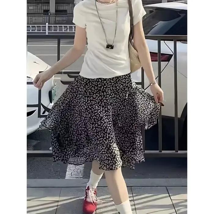 Jupe midi superposée à imprimé floral et ourlet irrégulier pour femme