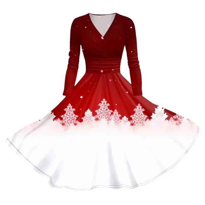 Robes de cocktail rouges pour femmes, manches longues, robe pin-up, mince, imprimé bonhomme de neige, balançoire, Noël, nouvel an, mode