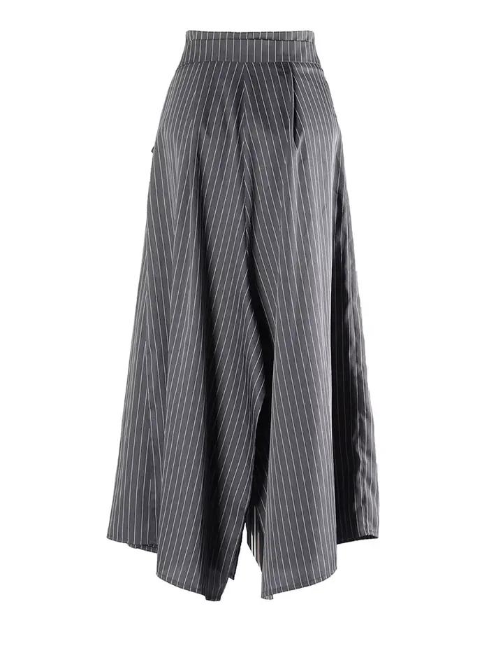 EAM Jupe Mi-Longue Plissée Ir régulière Élégante à Rayures Grises Taille Haute Pour Femmes Bureau Occasions Spéciales Polyester Coton