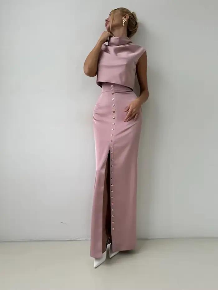 Ensemble de jupes longues en satin hfwomenfz pour femmes, col montant, sans manches, taille haute, fendues, coupe droite, tenues de soirée, printemps 2026