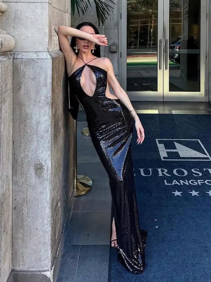 Robe longue noire sexy à paillettes et décolleté plongeant profond – Nouvelles robes de soirée d'été dos nu