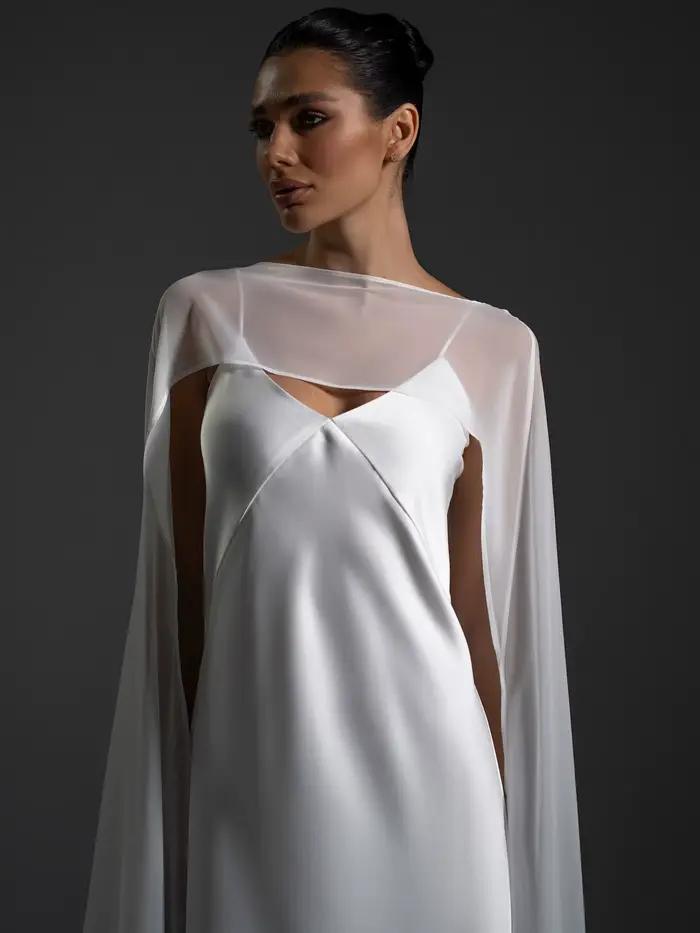 Robes de soirée de mariage en satin blanc avec cape transparente, décolleté en V profond, en taffetas, coupe trapèze, longue, sans manches, pour mariée