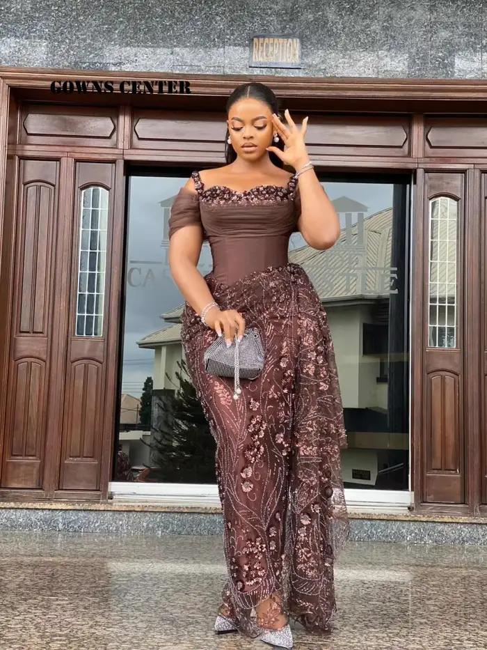 Superbes robes de soirée en dentelle marron, robe de mariée traditionnelle africaine, robe de luxe en dentelle perlée pour anniversaire, Asoebi personnalisée