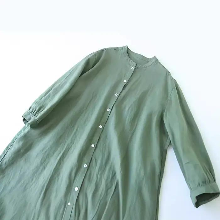 Robe longue en coton et lin, col montant artistique, chemise longue, en pur lin, coupe ample, 2025