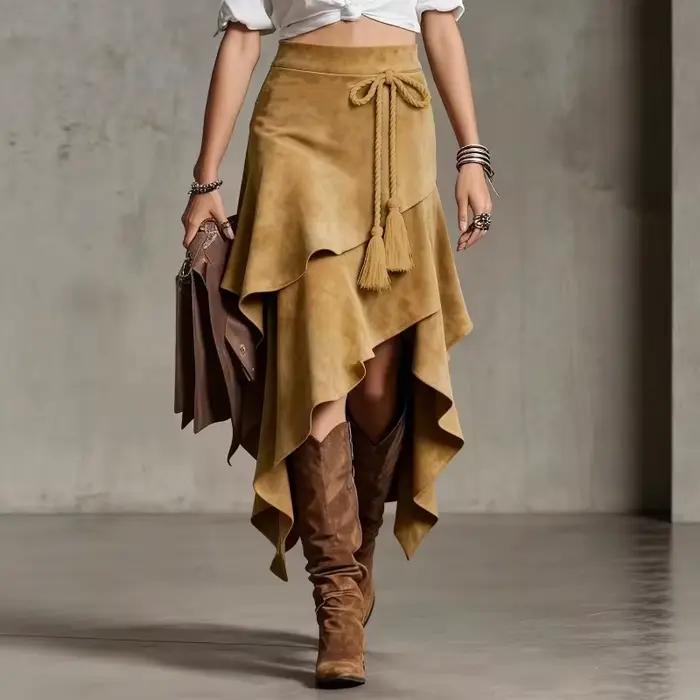 Jupe longue asymétrique vintage en daim taille haute coupe ajustée pour femmes style vintage occasions spéciales