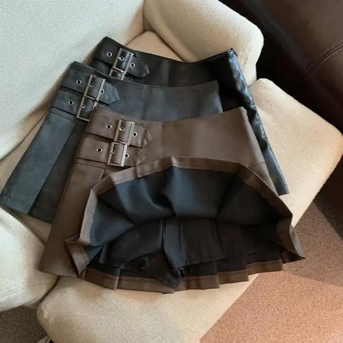 Jupe XS-3XL Y2K en faux cuir plissée pour femmes, décontractée et vintage, coupe haute, mini jupe, polyester, détails écharpes, pour festivals de musique et soirées spéciales