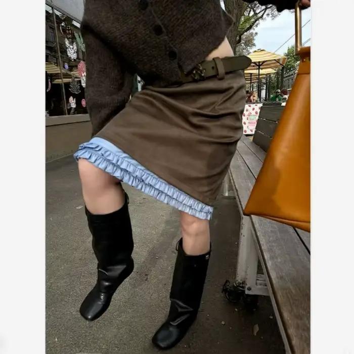 Jupe Patchwork en daim gris Slim avec dentelle pour femmes