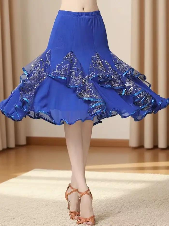 Jupe de danse longue et élégante à volants pour femmes et jeunes filles