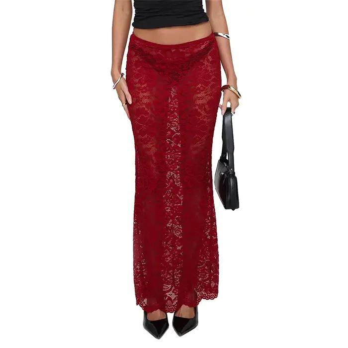 Jupe longue florale en dentelle transparente pour femmes
