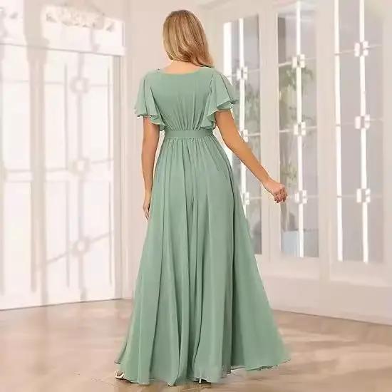 Robe longue en mousseline de soie pour femmes, Semi-formelle, manches courtes, col en v, longueur au sol, robe Maxi