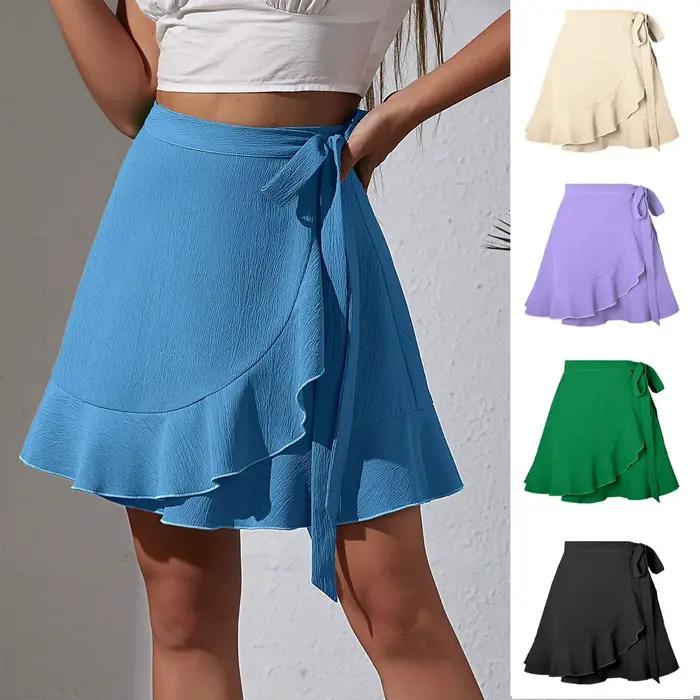 2024 femmes jupe à volants été taille haute à lacets solide court Mini VestiLDY-WW6358 éducatif
