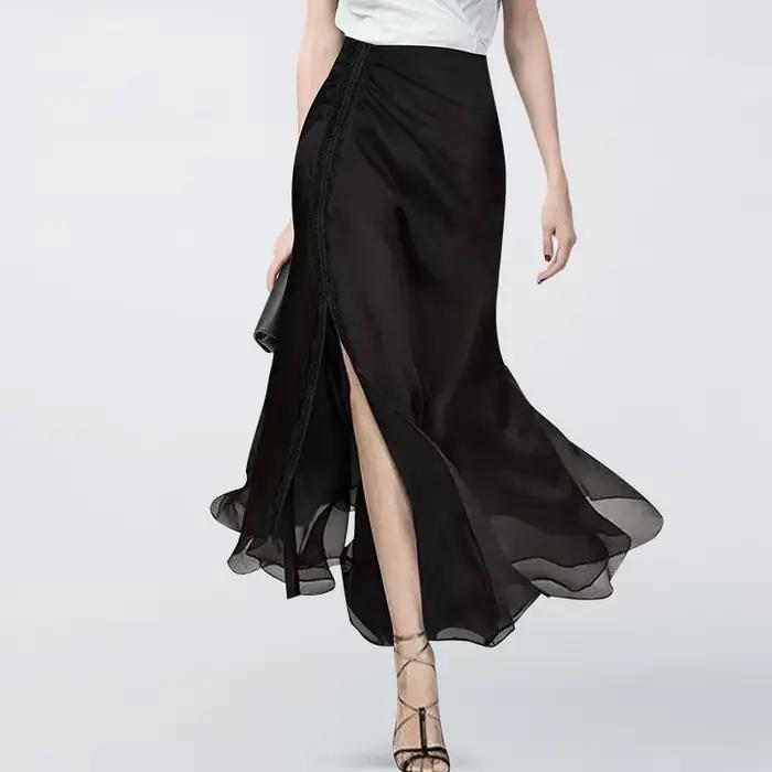 Jupe trapèze en mousseline de soie noire pour femme