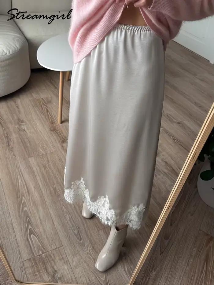Jupe midi en satin avec dentelle marron pour femme