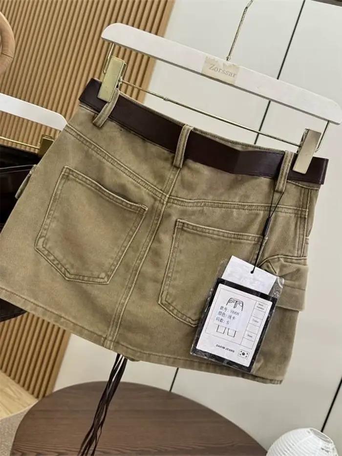 Femmes marron Cargo jupe 2000s Vintage Harajuku Gyaru taille haute