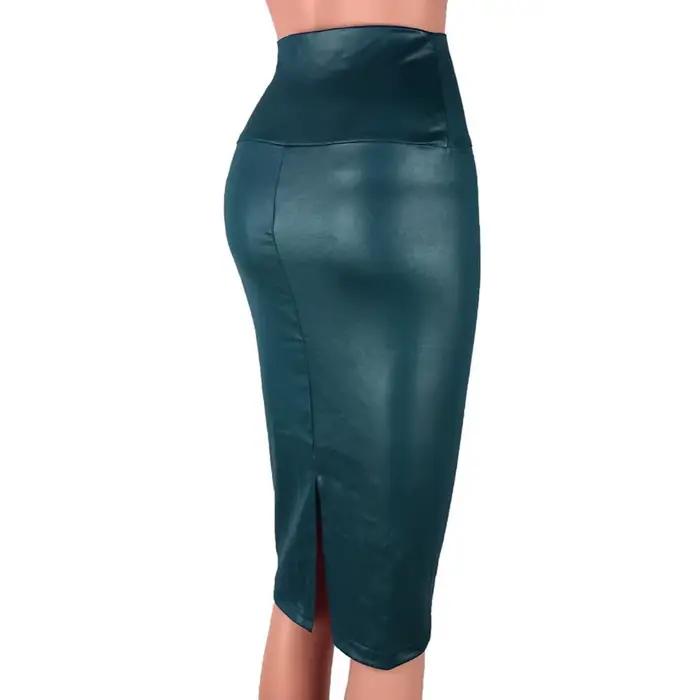 Mode élégante taille haute fendu Faux cuir jupe femmes genou longueur moulante