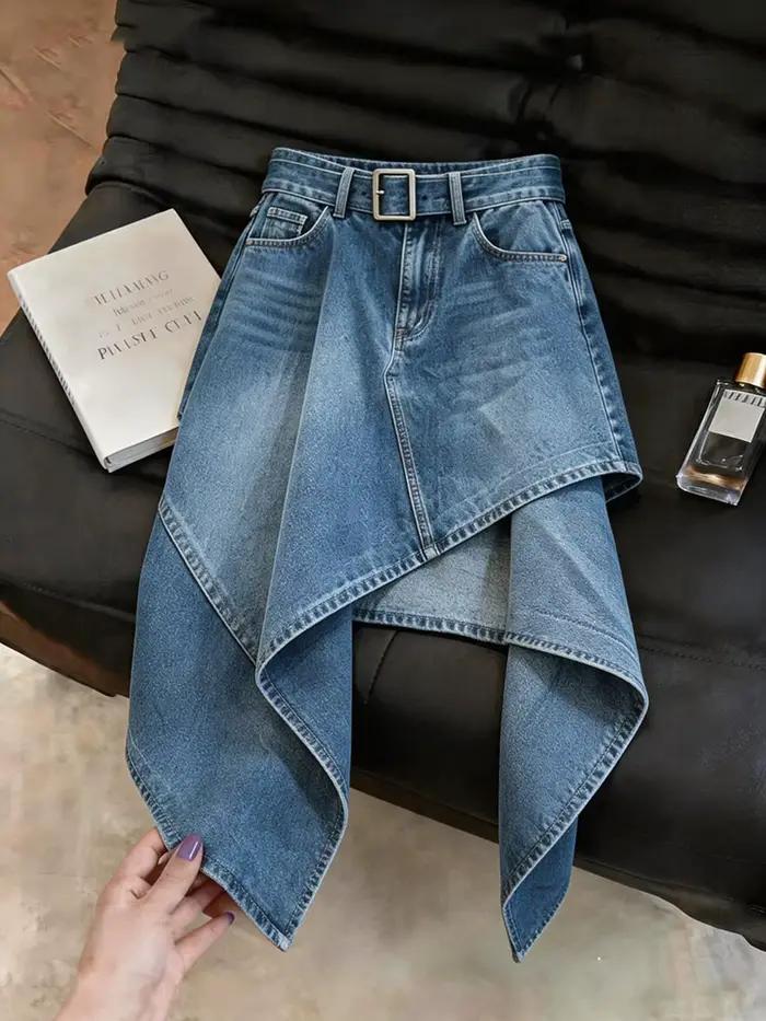 Nouvelle jupe irrégulière en jean bleu délavé pour femme 2026
