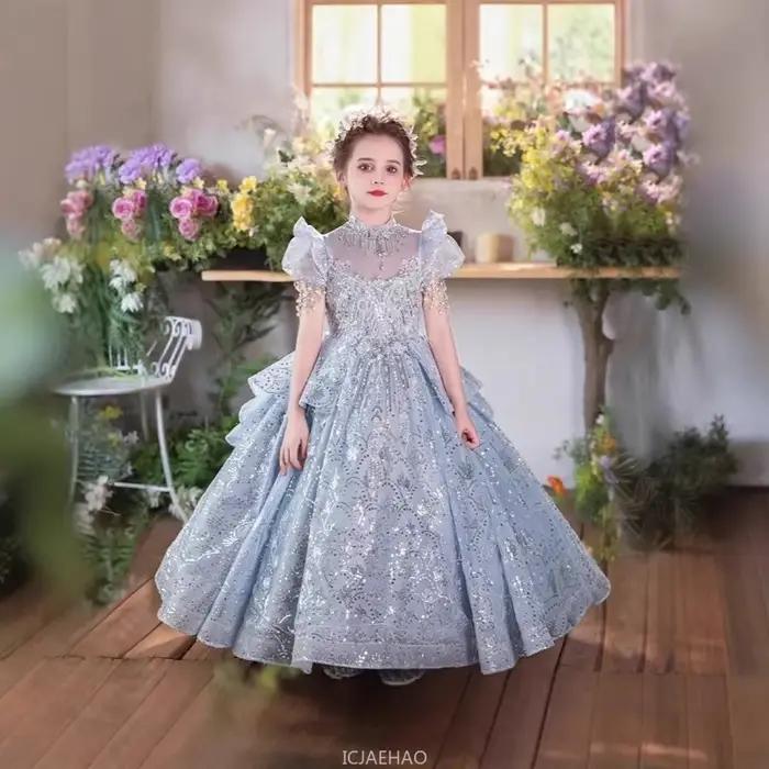 Robe longue de luxe pour filles, tenue princesse d'anniversaire, à fleurs, robes de mariée, tenue de spectacle de Piano pour enfants