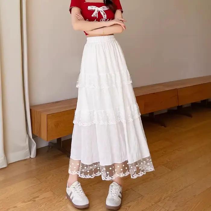 Jupe plissée mi-longue et longue en dentelle blanche pour femme
