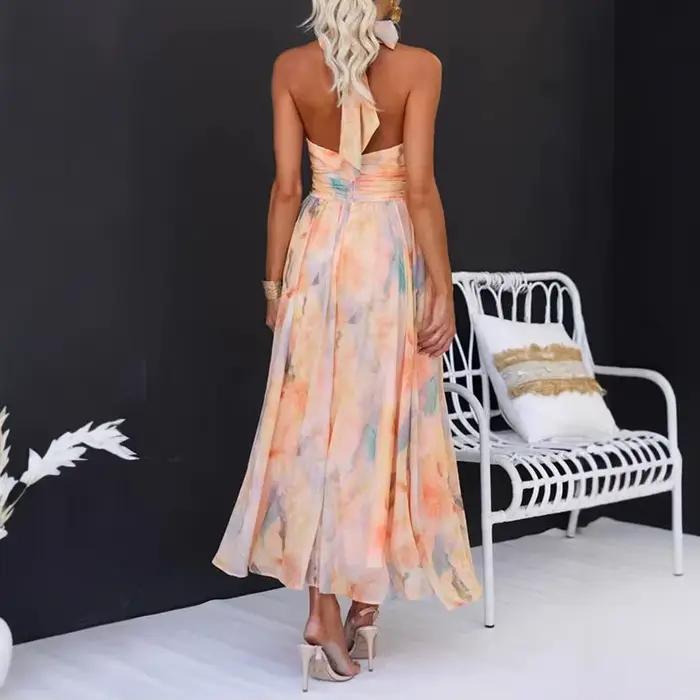 Robe longue femmes imprimer robes licou cou sans manches dos nu à lacets Maxi