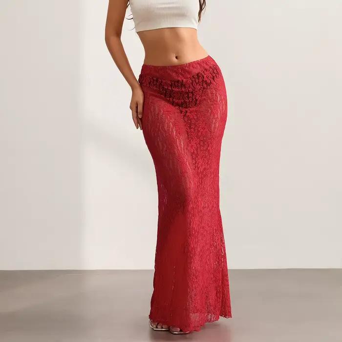Jupe longue taille basse en dentelle florale pour femme