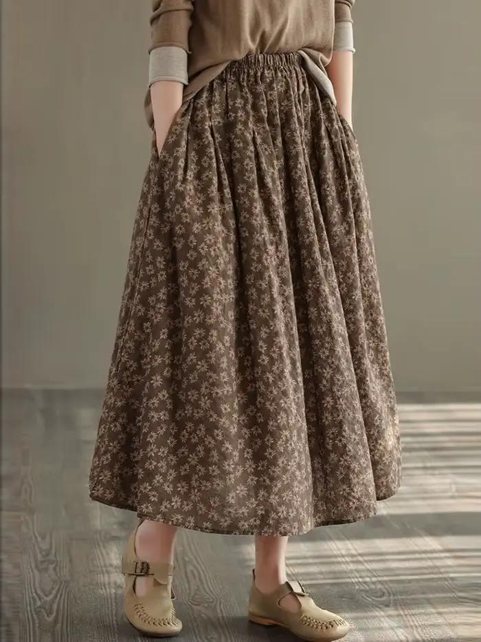 Jupe trapèze longue décontractée pour femmes style vintage imprimé floral confortable élégante automne 2023