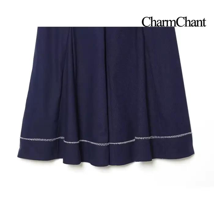 Jupe mi-longue plissée bleue taille haute pour femme CHARMCHANT