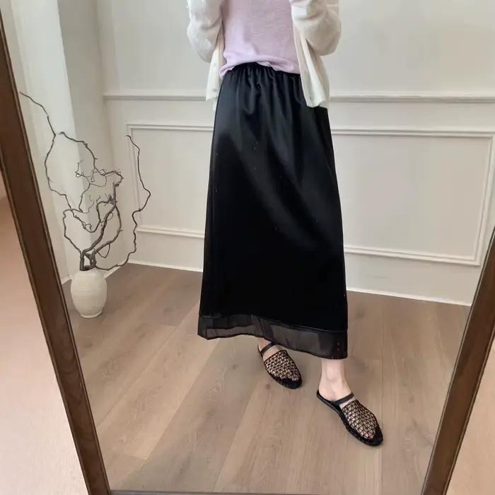 Jupe longue mi-longue trapèze en mousseline de soie brillante pour femme