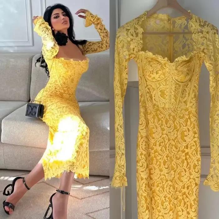 Robe de soirée jaune en dentelle florale, col cœur carré, longue et évasée, pour anniversaire, bal de promo, taille ajustée, robes de mariée personnalisées