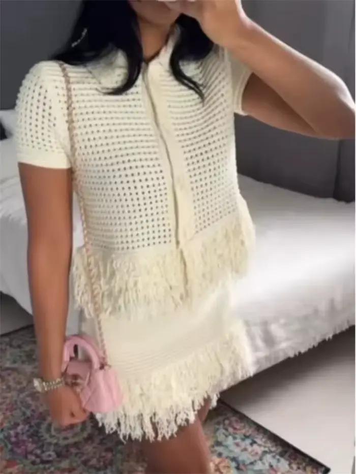 Femmes tricot gland jupe ensembles évider revers demi manches haut + plissé Mini jupes costume 2025 été dame 2 pièces ensemble tenues