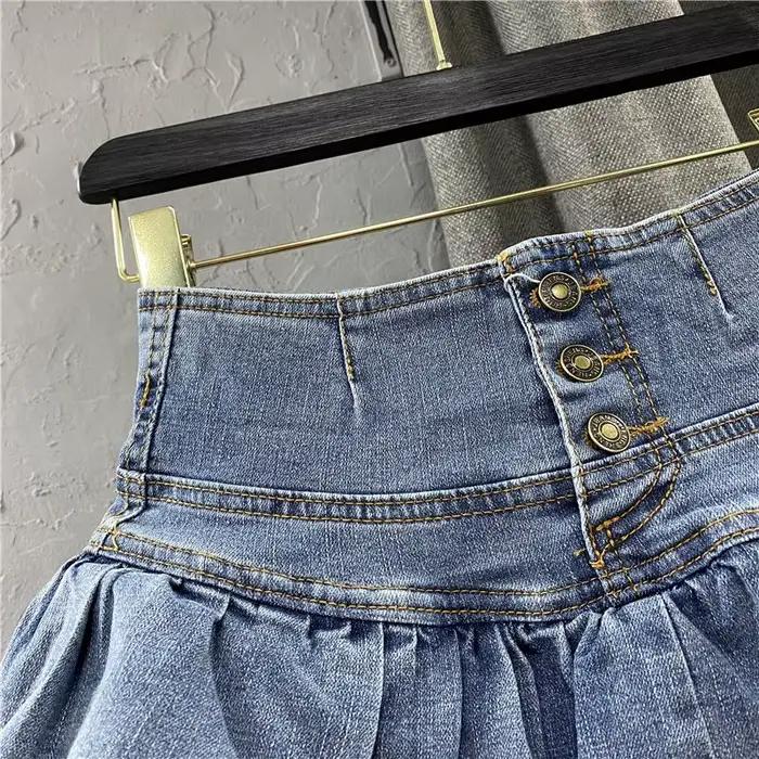 Jupe Courte Plissée Imprimée en Jean Bleu Taille Haute Style Y2K Rétro Mignonne Sexy Streetwear Femme Nouvelle Collection Été 2026