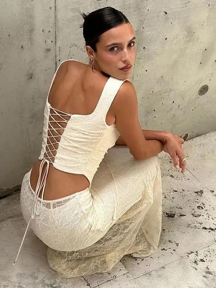 Ensemble 2 pièces jupe longue en dentelle pour femme