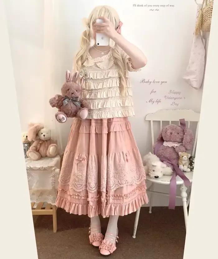 Jupe mi-longue en dentelle brodée Lolita Vintage kawaii écolière prairie rose Y2k occassions spéciales ```