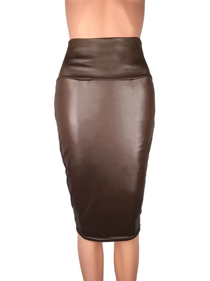 Jupe mi-longue en simili cuir PU mat pour femmes