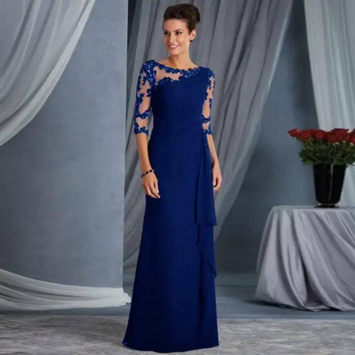 Robe longue élégante en polyester avec dentelle transparente pour femmes, coupe ajustée, col rond, manches mi-longues, idéale pour soirées et journées de travail