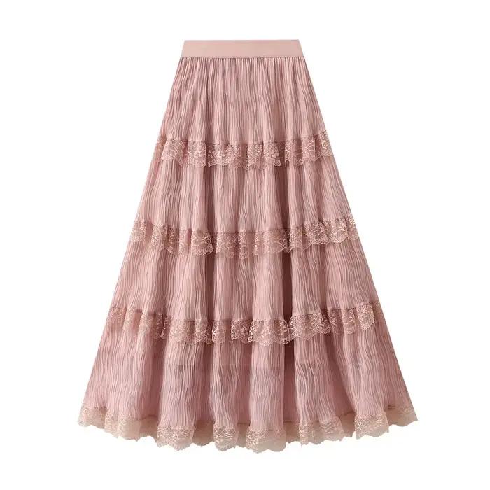 Fée plissée maille gaze Patchwork dentelle jupe femmes mode 2025 printemps été nouveau taille haute décontractée tout-match gâteau jupes