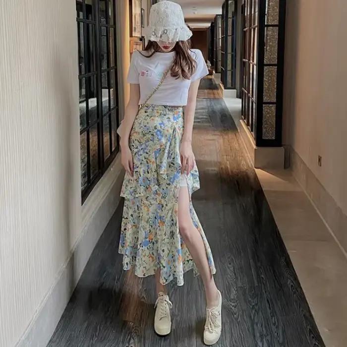 Jupe femme à volants plissée florale Maxi longue à carreaux avec jupes fendues pour femmes en mousseline de soie vêtements plissés été 2025 Vintage pas cher V