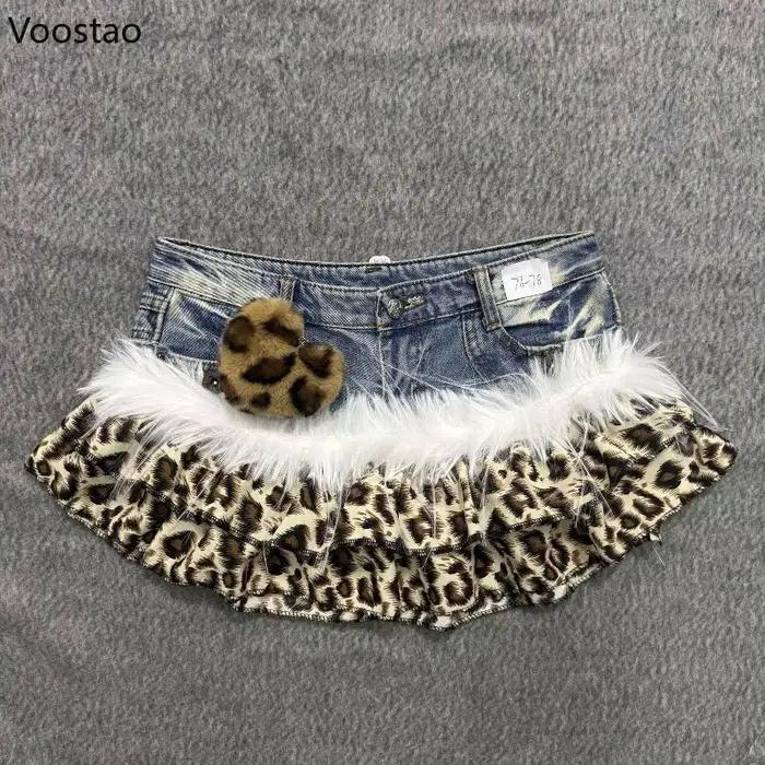 Jupe gothique grunge Y2K vintage imprimé léopard fausse fourrure patchwork denim pour femmes occasions spéciales carnavals punk style