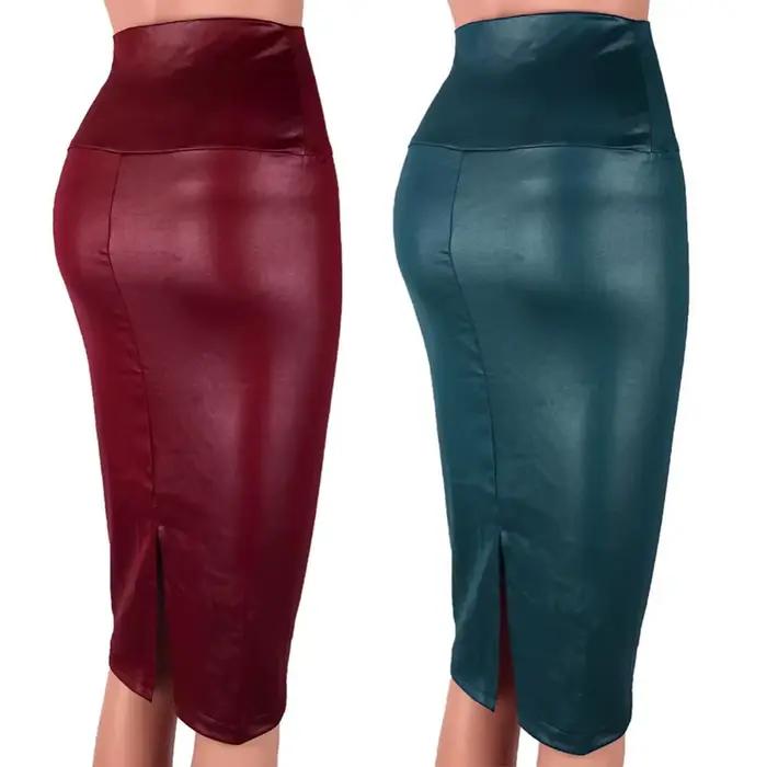Mode élégante taille haute fendu Faux cuir jupe femmes genou longueur moulante