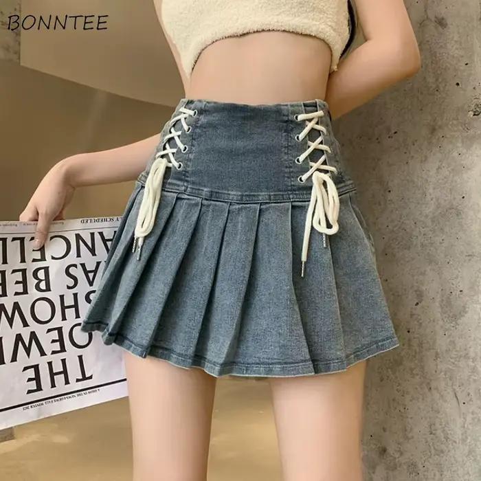 Denim jupes plissées femmes mignon à lacets Chic fille été Mini jupe Style coréen mode Sexy taille haute Streetwear collège