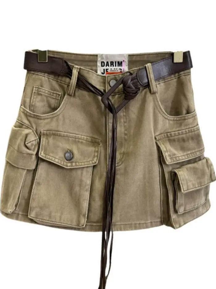 Femmes marron Cargo jupe 2000s Vintage Harajuku Gyaru taille haute