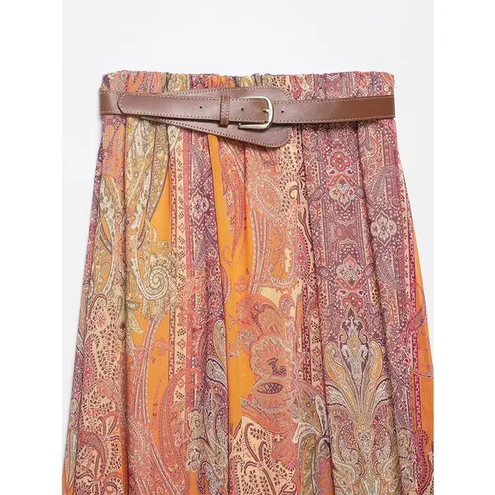 YENKYE Jupe mi-longue à imprimé cachemire pour femme avec ceinture taille haute fluide décontractée d'été style bohème