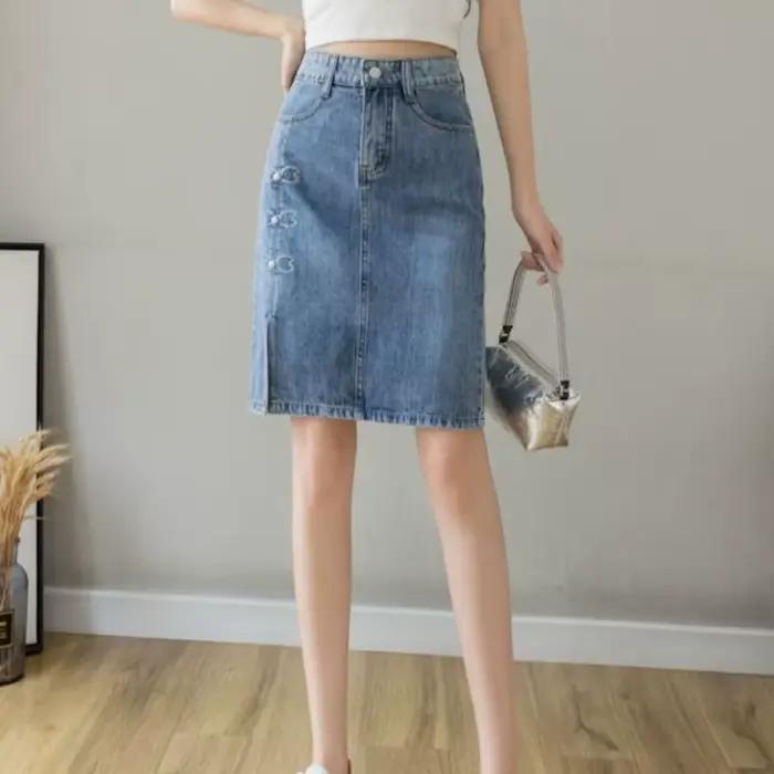 Jupes en jean pour femmes bleu aux genoux longueur avec fente taille haute femme jupe