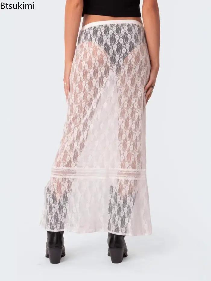 Jupe longue sexy en dentelle et résille transparente pour femme 2026
