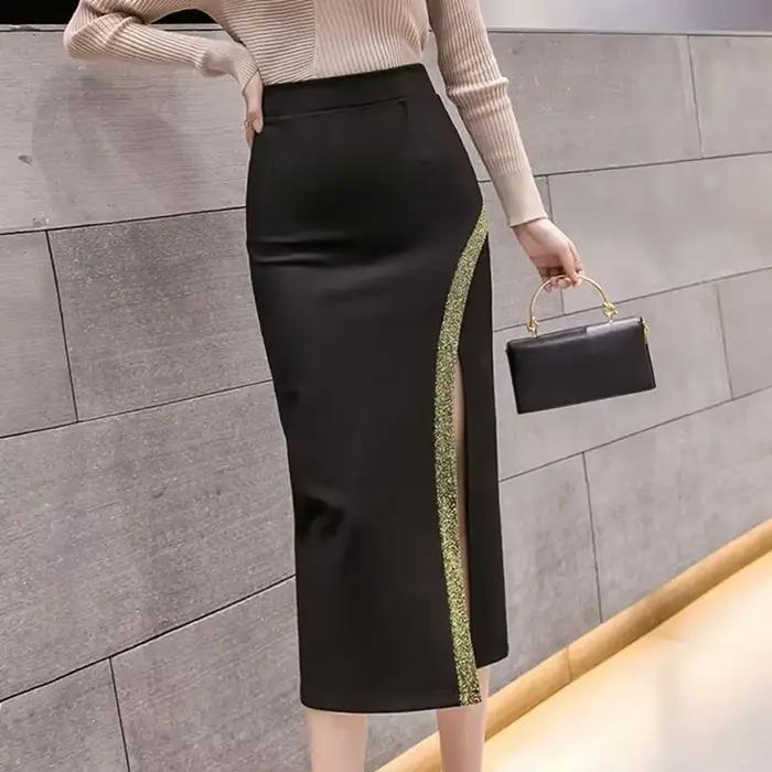 Avec fente Patchwork jupe femme taille haute portefeuille serré